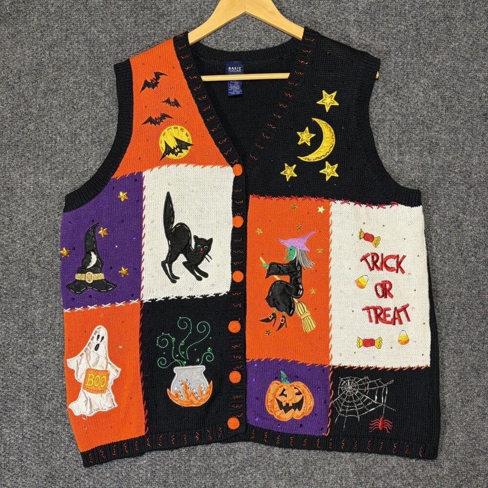 Vtg 90s Y2K Embroidery Patchwork Beads Sequin Ugly Sweater Halloween  Vest 2X